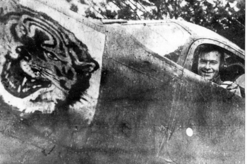Zakaluk ace in the Airacobra cockpit with the tiger painting