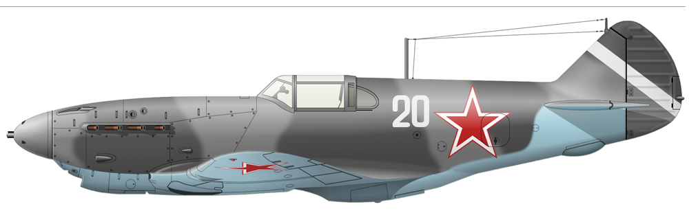 ЛаГГ-3 бн 20 из состава 9 иап ВВС ВМФ, Новороссийск, весна-лето 1944 г.  Самолет несет обозначения (косая одиночная полоса на киле), отличные от остальных известных ЛаГГ-3 полка, сфотографированных в тот же период времени